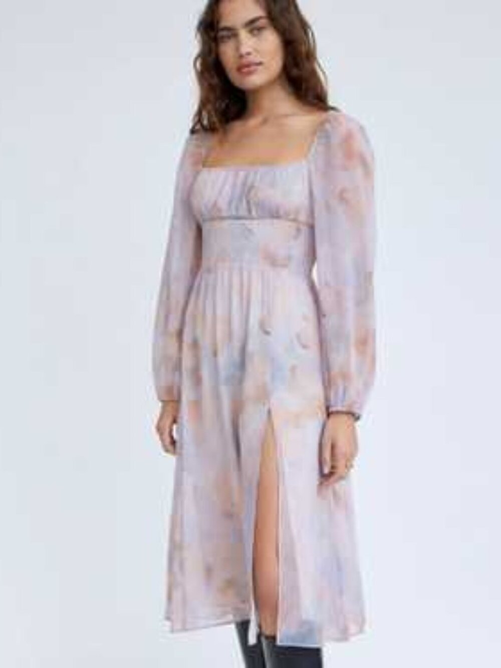 Aritzia Wilfred Bella Slit Light Birch Pale Sky Long Sleeve Cottagecore Dress M - Picture 3 of 10